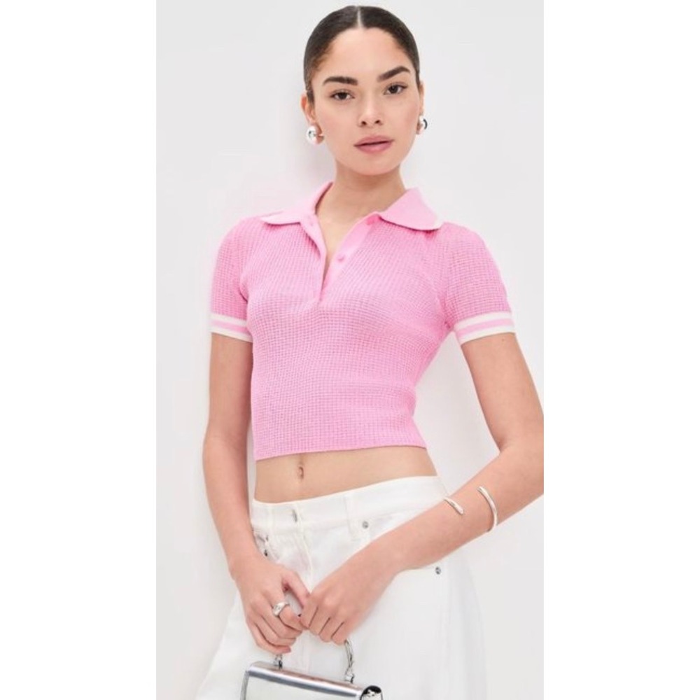 Jonathan Simkhai Whitten Pink Ribbed Knit Cropped Polo Top Size M